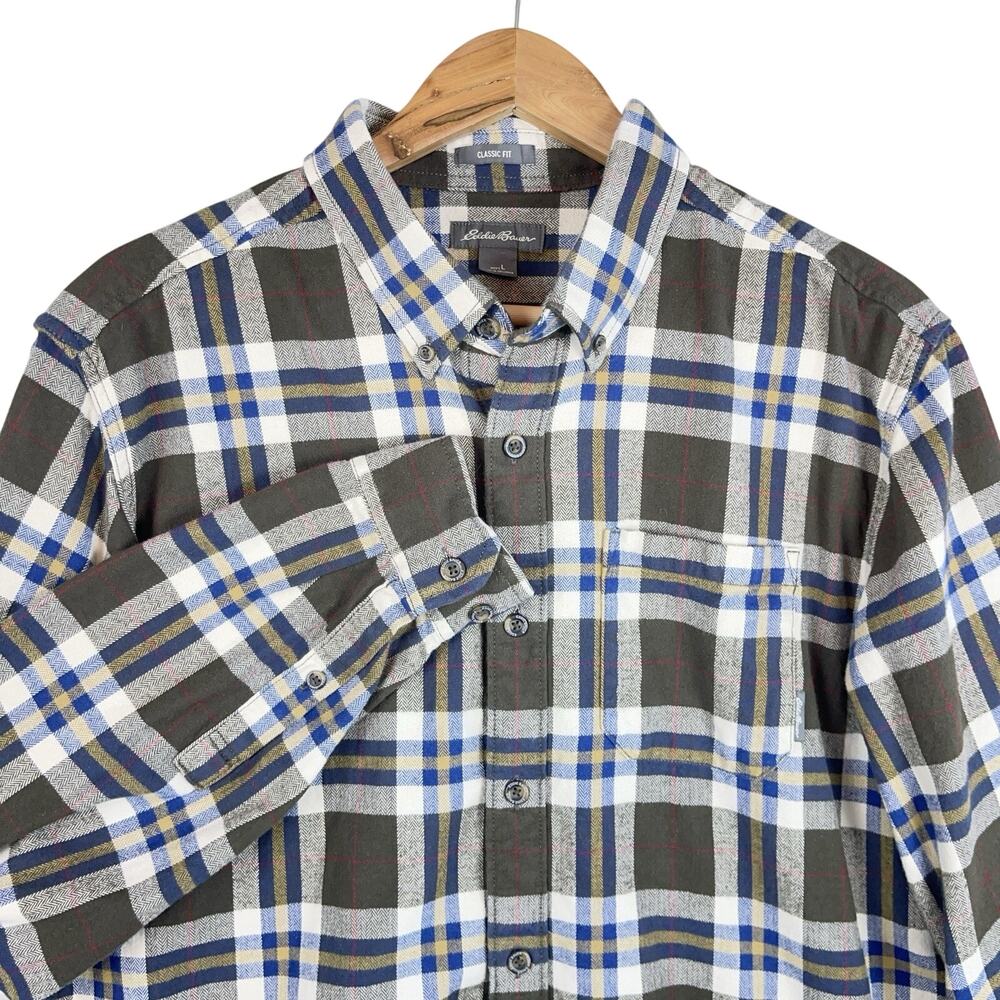 Eddie Bauer Classic Fit Flannel Shirt Mens Large Brown Blue Plaid Gorpcore
